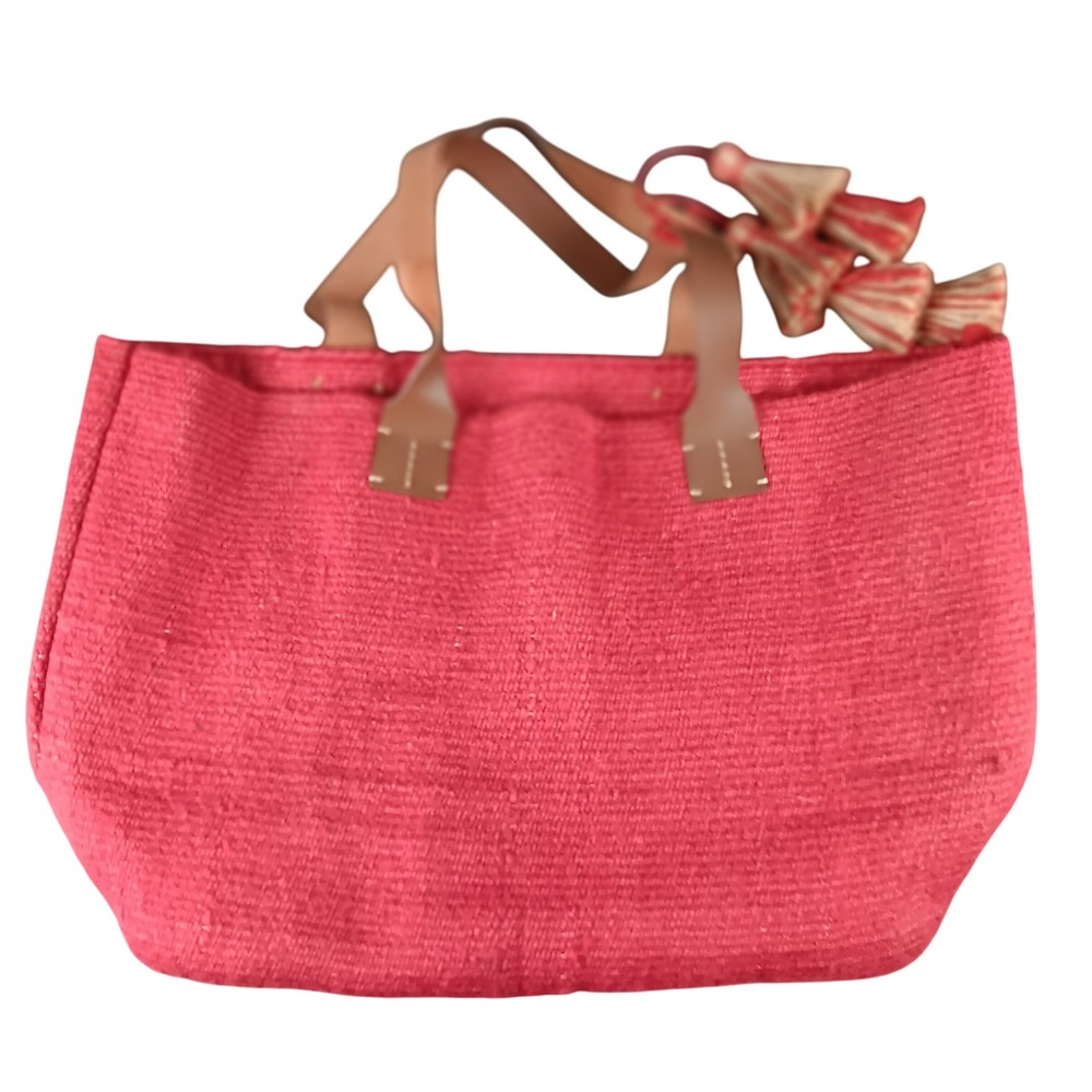 J Jill Red Jute Cotton Tote Bag with Leather‎ Handles and Tassels